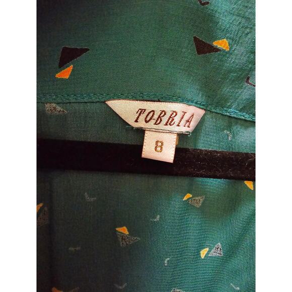 Vintage Tobria green abstract print long sleeve deep v shirt with gold buttons - Picture 2 of 11